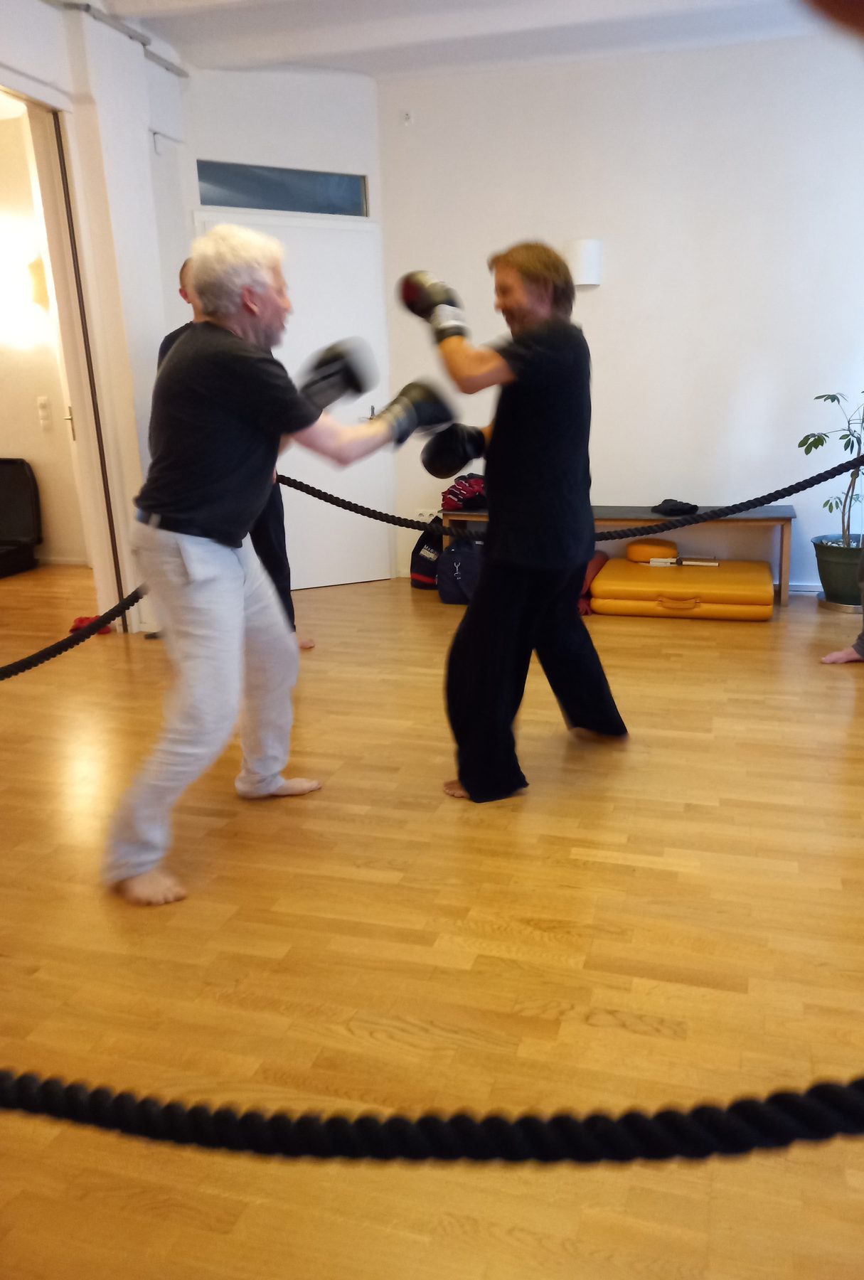 Zwei Männer boxen mit Handschuhen in einem mit Tauen abgesteckten Kreis
